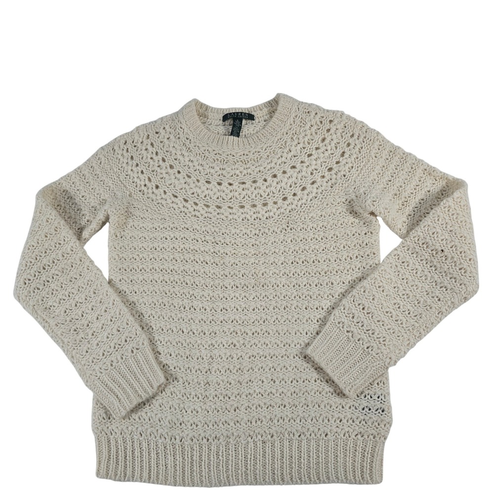 Lauren Ralph‎ Lauren Ivory Alpaca Blend Open Knit Pointelle Sweater Womens Small